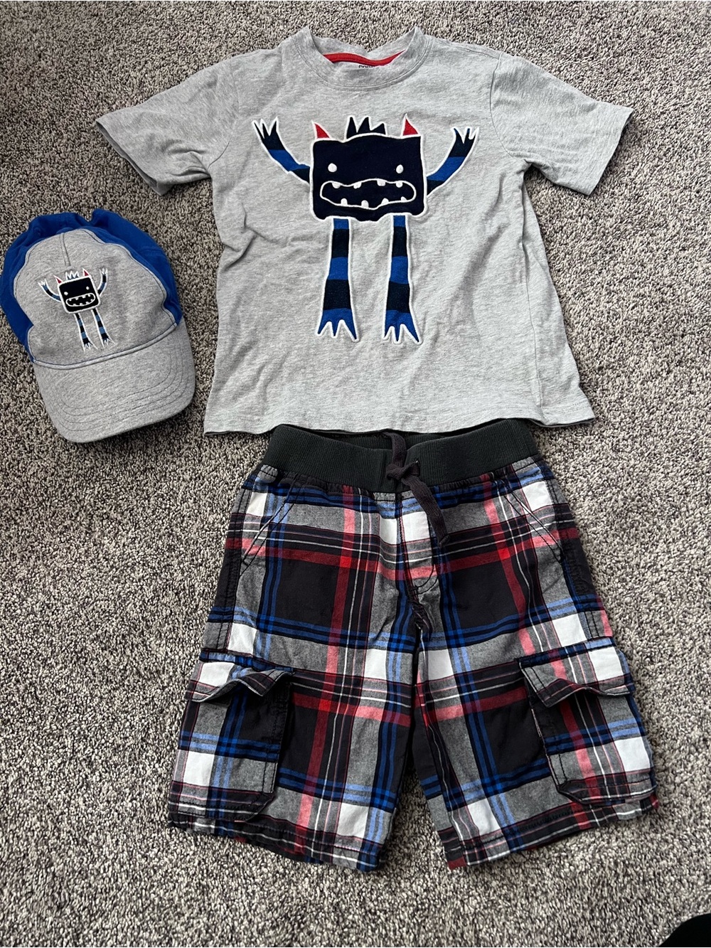 Gymboree Gray Monster Tee, Plaid Cargo Shorts & Cap